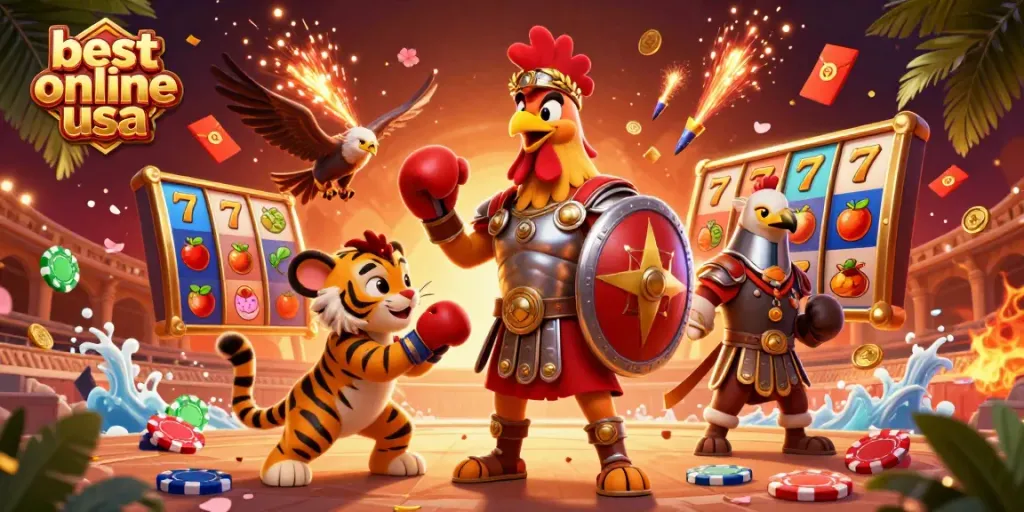 Experience the excitement of the best online casino usa with a lively scene featuring gambling elements and engaging characters.