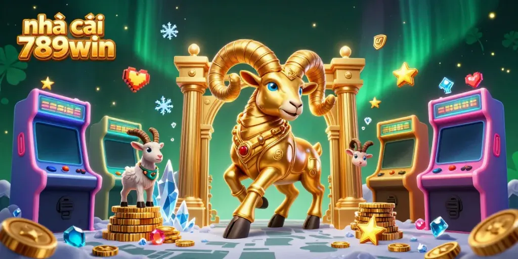 Join the excitement at nhà cái 789win, featuring colorful game elements and a golden ram charging through a vibrant casino scene.