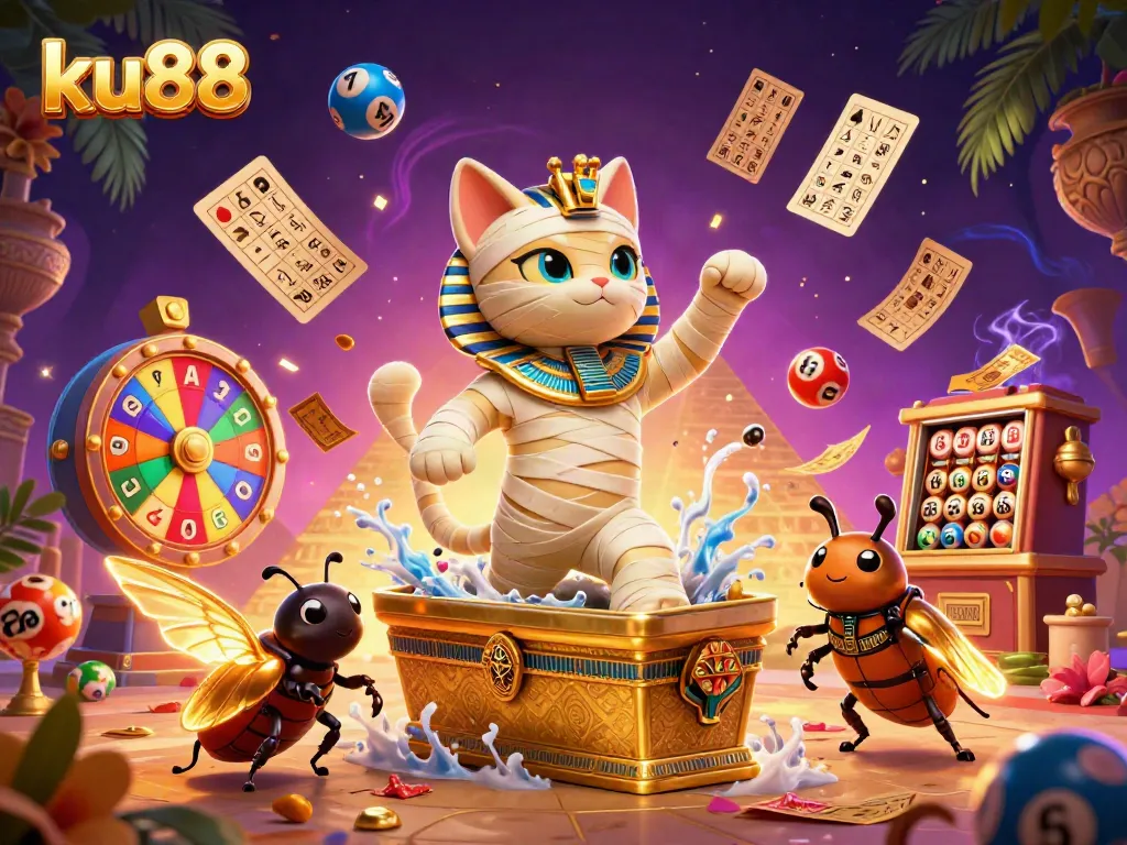 ku88's Egyptian mummy cat emerges in a vibrant casino atmosphere filled with gold, color, and excitement.