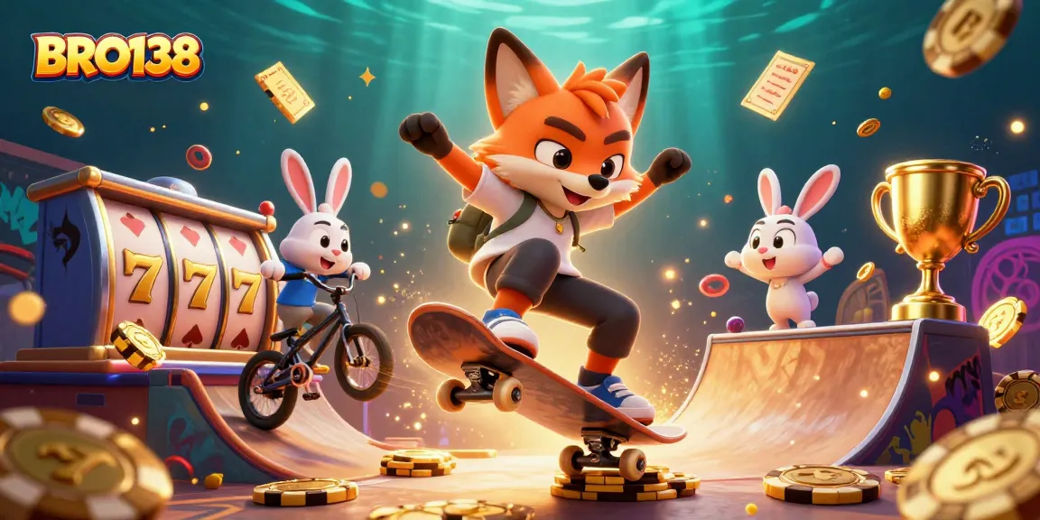 BRO138 features a dynamic 3D cartoon fox skateboarding over poker chips with a rabbit, showcasing exciting slot symbols.
