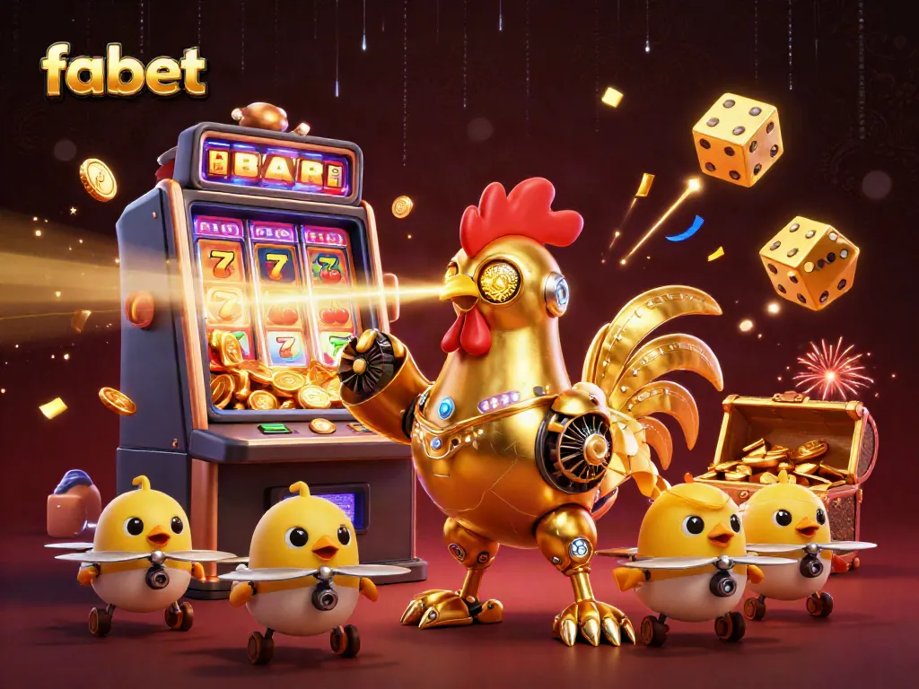 Experience the thrill of fabet with a retro-futuristic golden rooster robot surrounded by dynamic casino elements.