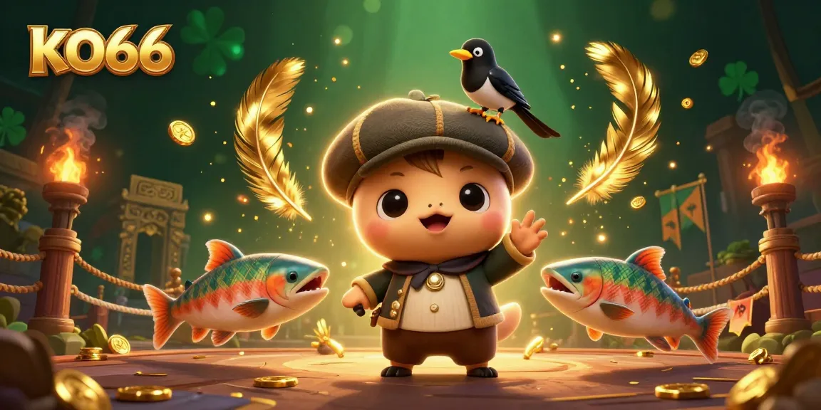 KO66 showcases a vibrant scene with baby Nessie, a magpie, and salmon, engaging in a thrilling casino atmosphere.