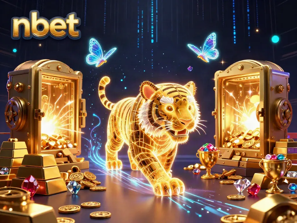 Engage with nbet's vibrant 3D casino scene featuring a golden tiger and treasure elements.
