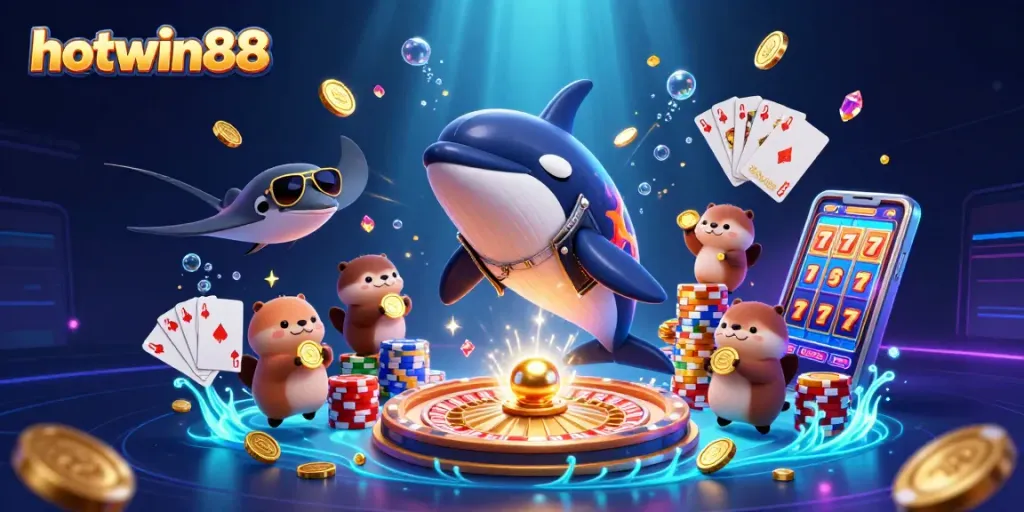 Experience excitement at hotwin88 with a vibrant 3D casino scene filled with animated characters and rich game elements.