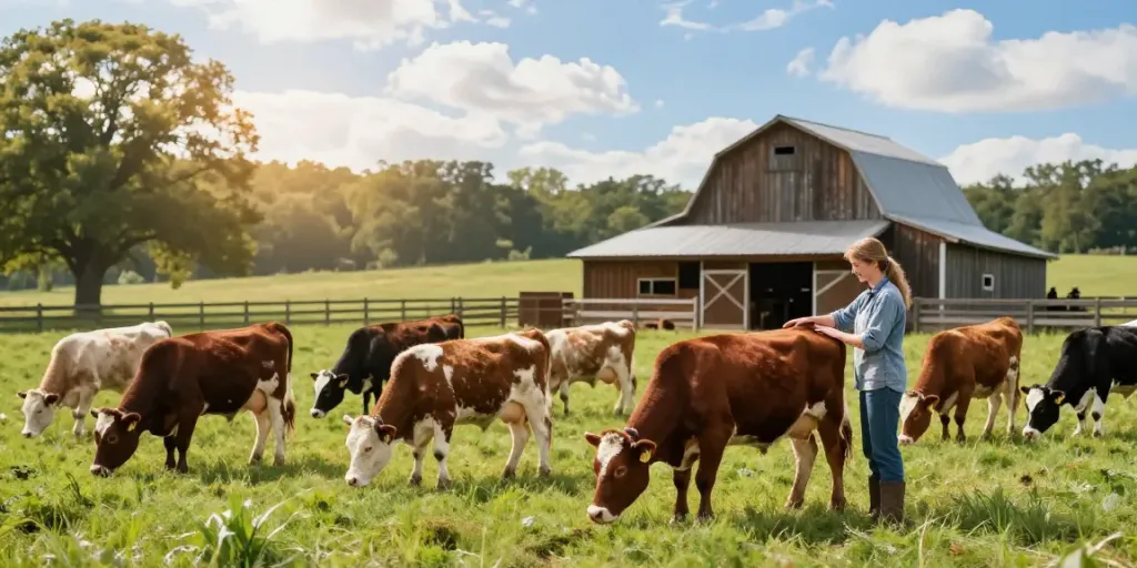 Mini cattle grazing peacefully in a sunny farm pasture, showcasing their friendly nature.