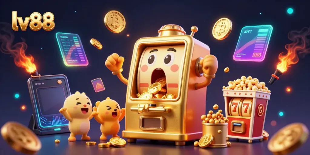 Experience the excitement at lv88 with a golden slot machine hitting jackpots amidst cheering characters and glowing crypto coins.