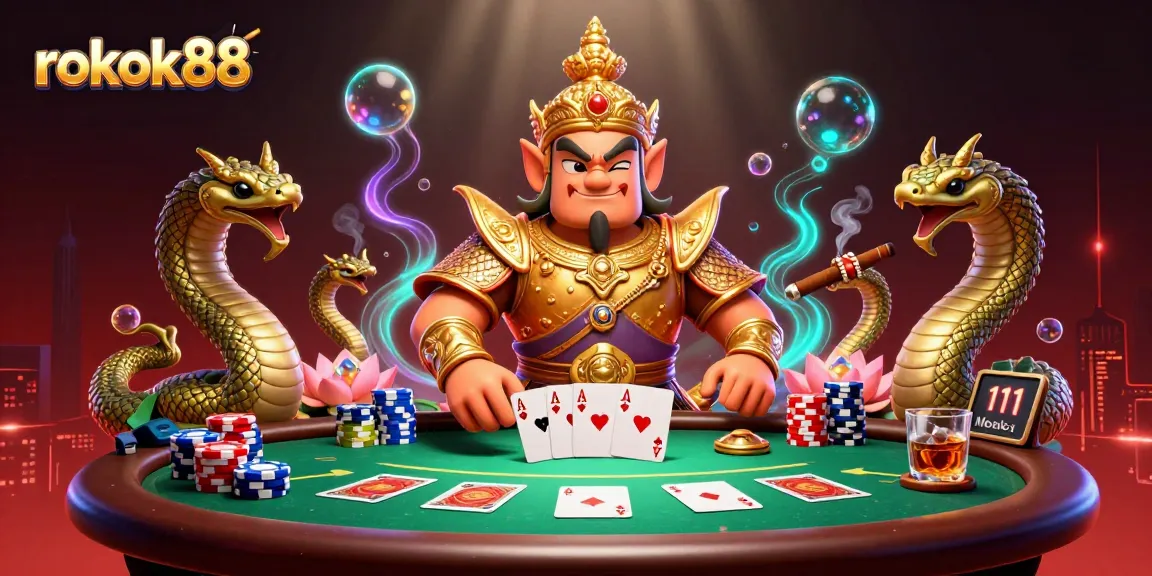 Engage with exciting poker action at rokok88, illustrated with vibrant casino elements and characters.