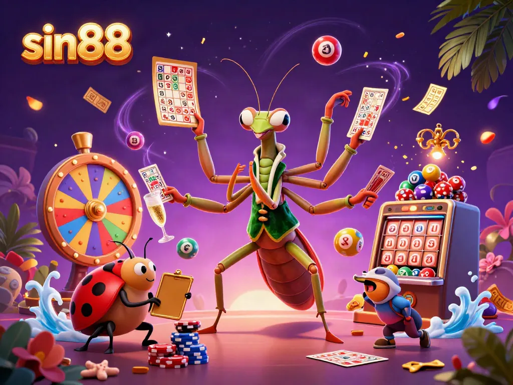 Experience the thrill of sin88 gaming with a vibrant montage of gambling elements, including lottery balls and dynamic casino characters.