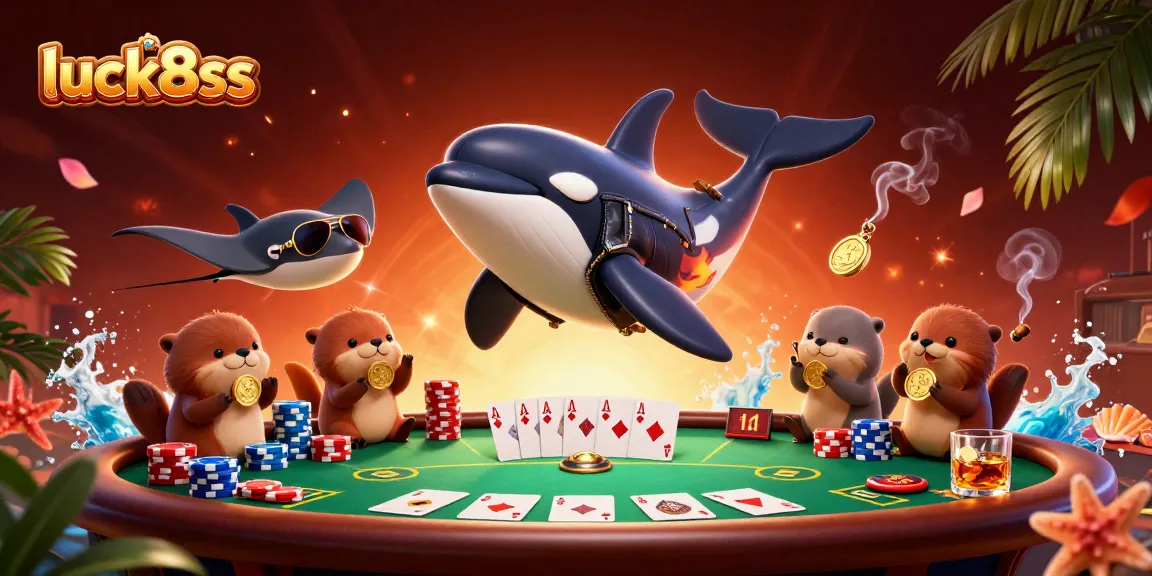 Experience excitement with luck8ss featuring a dynamic casino scene full of characters and poker elements.