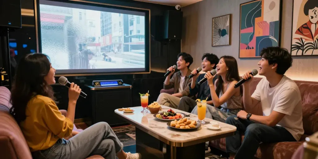 강남 세이렌의 고급스러운 노래방 내부, 친구들이 즐겁게 노래하며 칵테일과 스낵을 나누고 있는 장면.