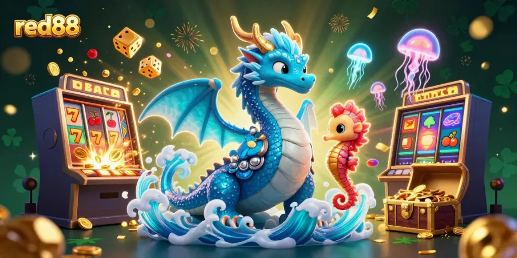 Experience an exciting moment at red88 with a dragon, seahorse knight, and jackpot slot machine bursting coins and lights