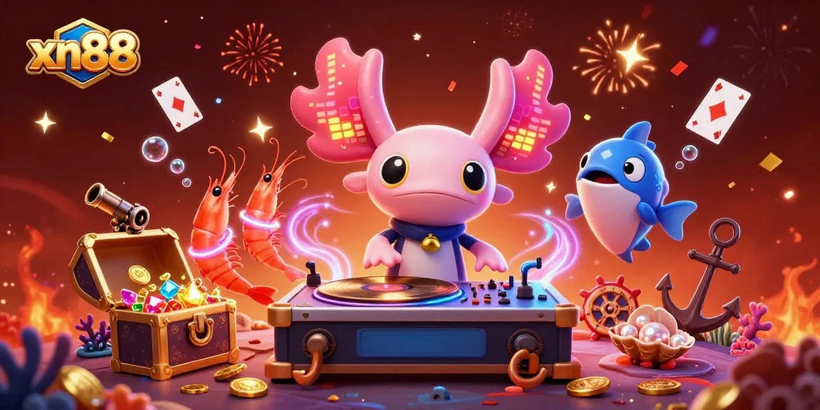 Spin and win with xn88 in this vibrant underwater casino party illustration!
