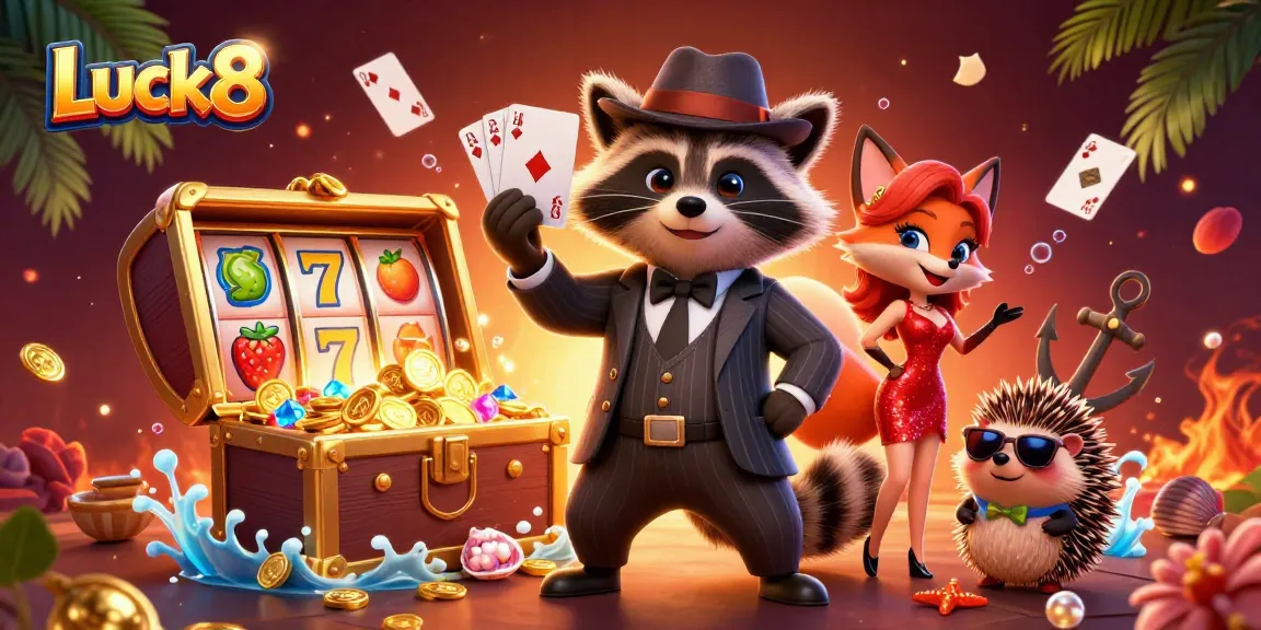 Luck8 casino illustration featuring a suave raccoon in a pinstripe suit and poker hand.