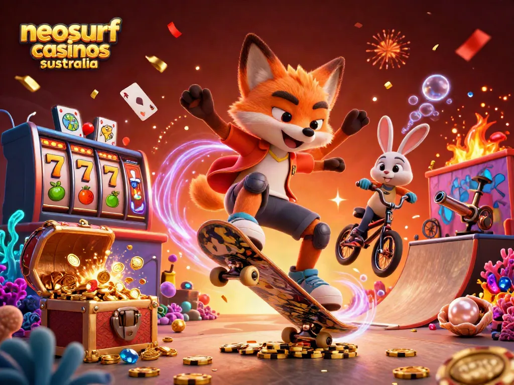 Join the fun at neosurf casinos australia with a vibrant 3D casino illustration showcasing thrilling action!