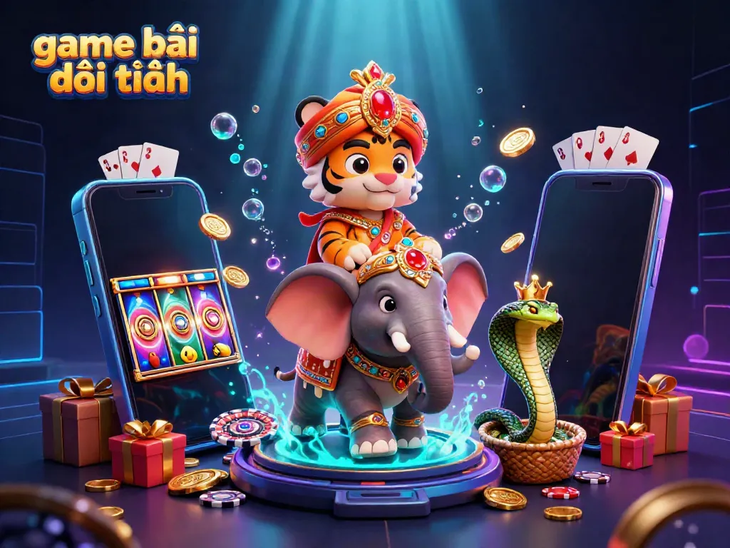 Experience thrilling game bài đổi thưởng with a maharaja tiger and treasures in an elaborate casino setting