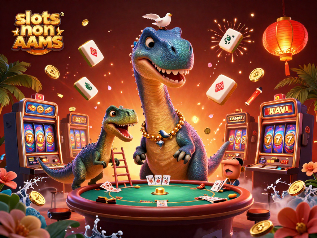 Gioca alle slot non AAMS con un brontosauro che osserva un tavolo da poker, circondato da elementi di gioco.