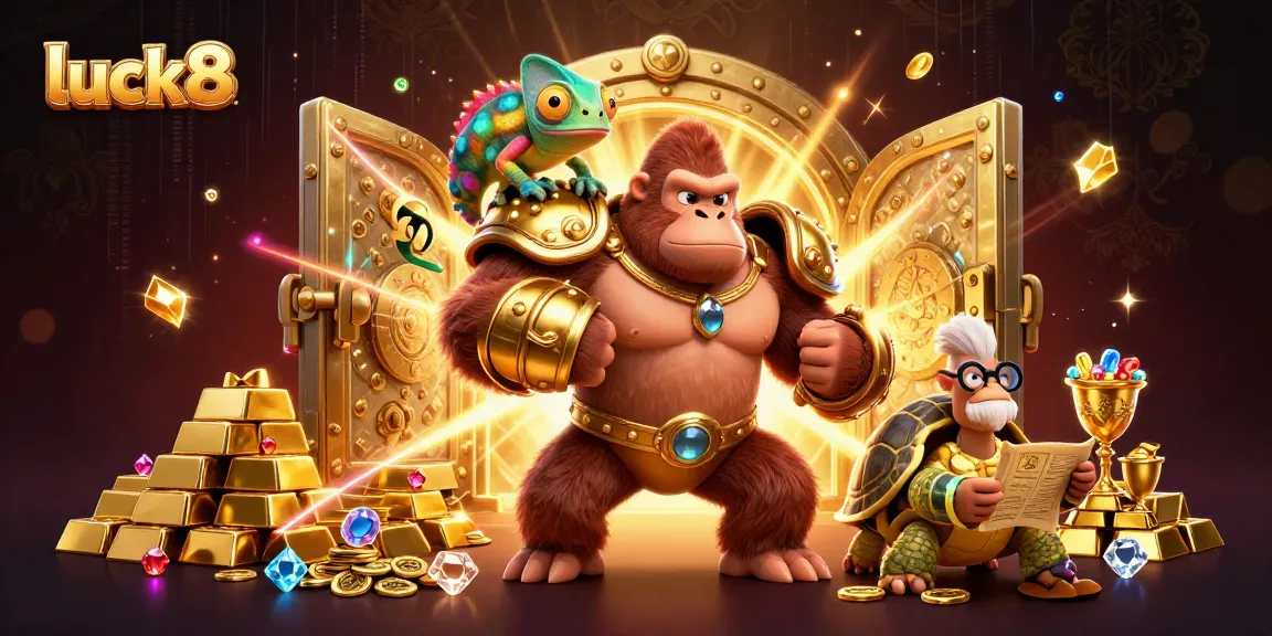 Kick off an exciting adventure with luck8, showcasing vibrant casino characters and treasures.