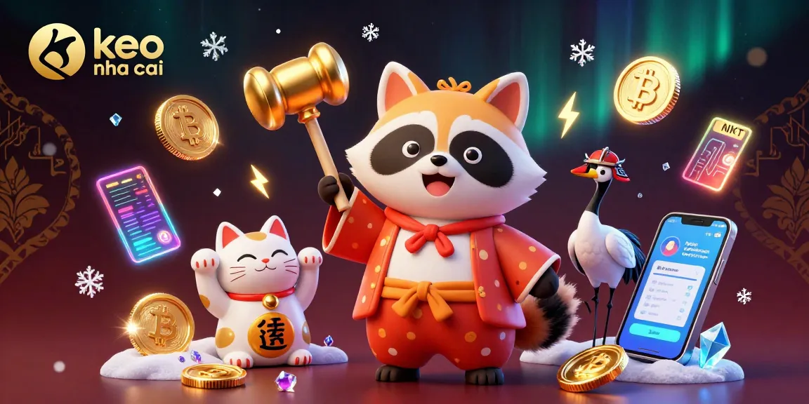 Experience thrilling moments with keo nha cai in this vibrant casino illustration featuring lucky tanuki and crypto elements.