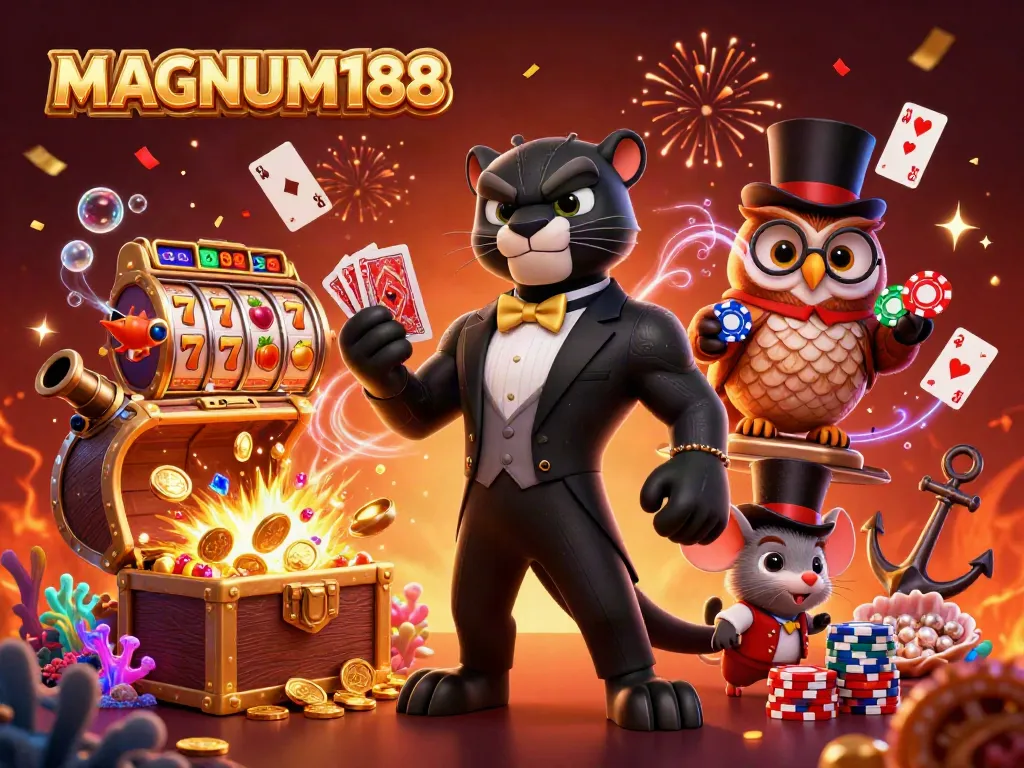 Experience MAGNUM188 with stunning casino action imagery featuring a stylish panther and friends