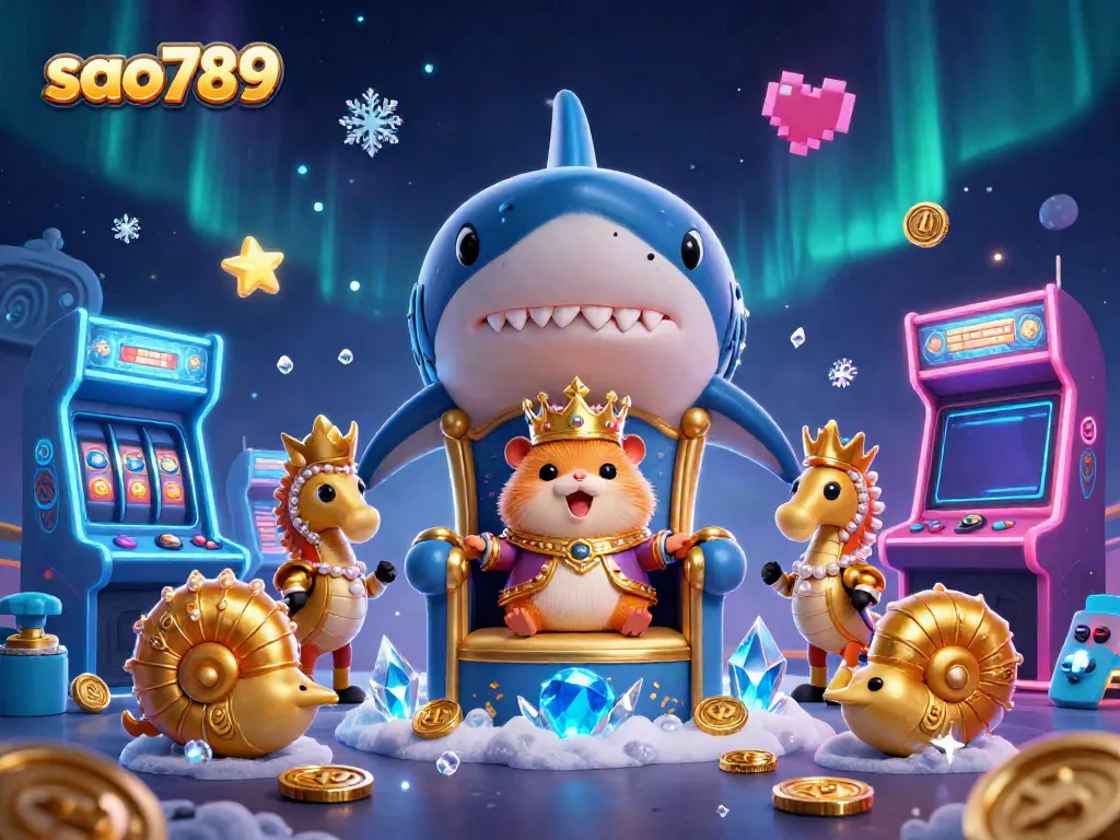 Engage with the regal golden hamster king on his megalodon throne at sao789, surrounded by arcade machines and casino elements.