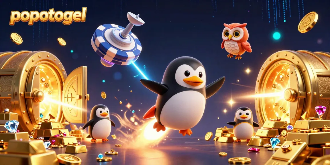 Experience the thrill of popotogel as a golden penguin races towards a cinematic casino in space.