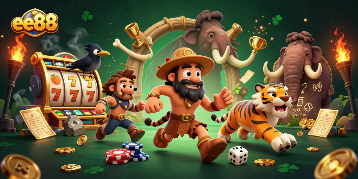 Experience exciting slot adventures at ee88 with vibrant animations and engaging characters in a prehistoric casino setting.