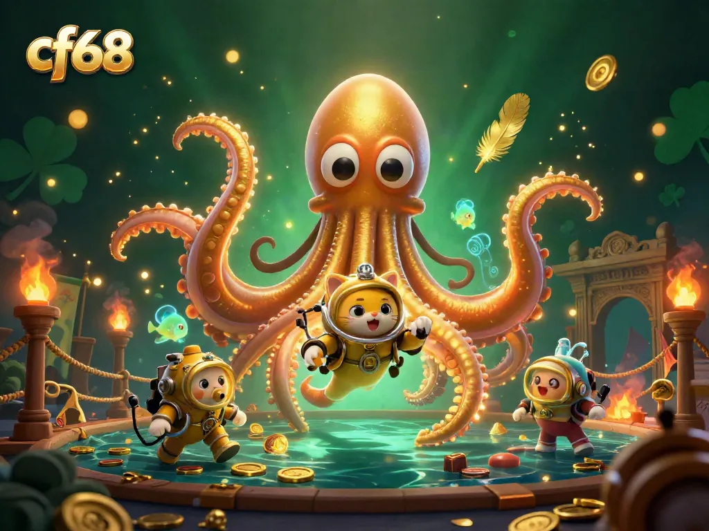 Engage with cf68's vibrant cartoon scene featuring a kraken, diving cat, and luminous fish in an exciting underwater casino.