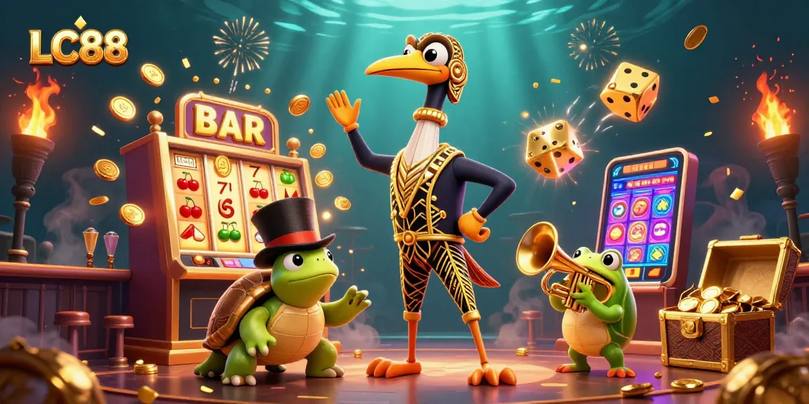 Engage with LC88's vibrant casino scene featuring a dynamic 3D illustration of a slot machine jackpot.