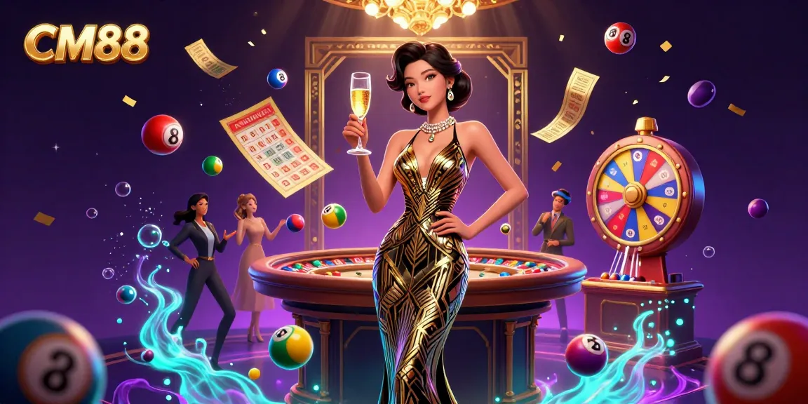 Experience the glamour of CM88 with an elegant woman amidst vibrant casino elements and lottery excitement.