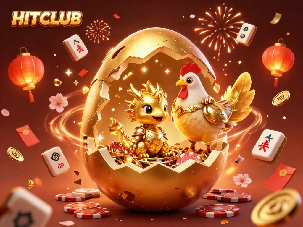 Experience the excitement at HITCLUB with a golden dragon and poker chips in a festive casino scene.