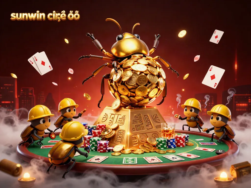 Join the fun at sunwin chính thức, featuring a golden beetle gaming with poker elements and vibrant colors.