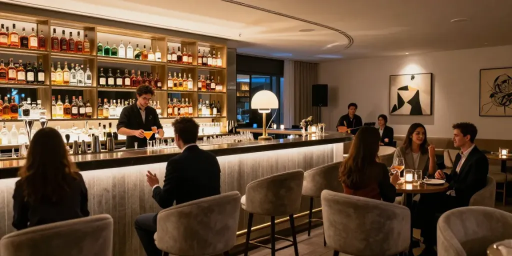 강남세이렌 쩜오의 세련된 조명과 우아한 인테리어에서 즐거운 대화와 고급 칵테일이 어우러진 모습.