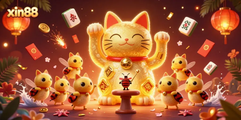 Experience the excitement of xin88 with a vibrant 3D illustration showcasing gaming symbols and lively characters.