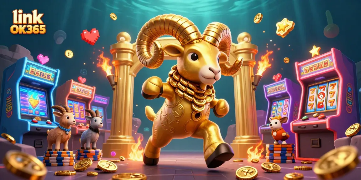 Engage with games at link OK365, featuring vibrant slots and a dynamic golden ram scene.