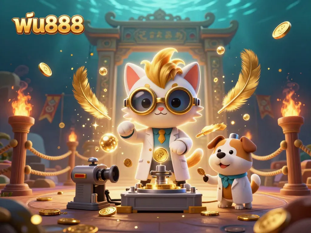 Experience the excitement of ฟัน888 with a vibrant 3D illustration of a mad scientist cat and loyal dog in a bustling casino lab.