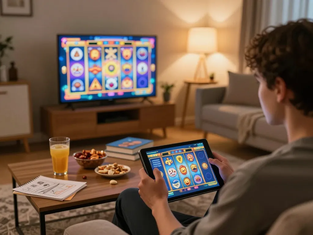 Engaging in a game online with a vibrant slot game display on a cozy home setup