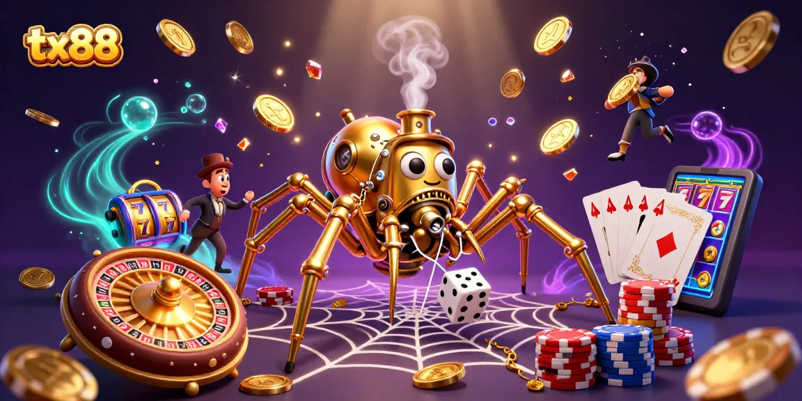 Join the thrilling tx88 experience with a steampunk spider and dice in a captivating casino scene.