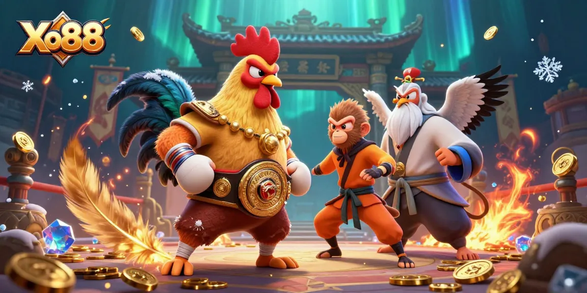 Xo88 offers an exciting casino experience with a dynamic 3D illustration of a fierce rooster and martial artists.