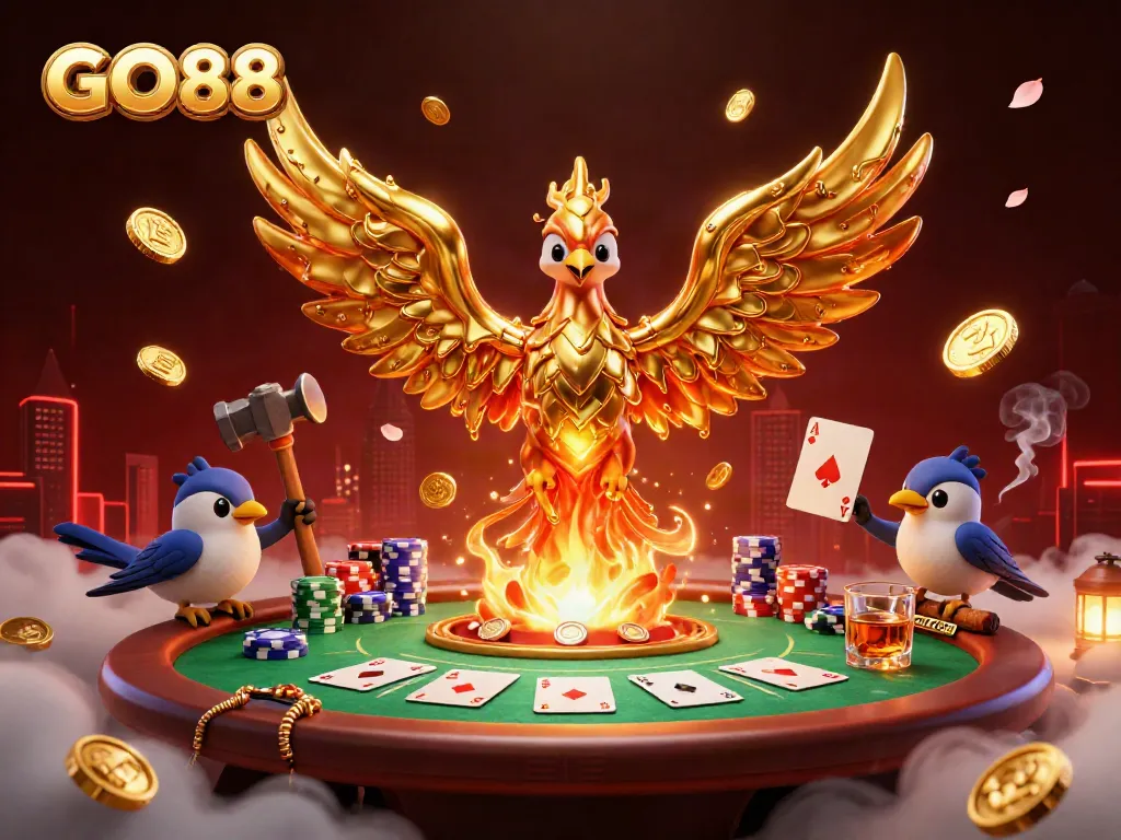 Engage with GO88's thrilling casino theme featuring a golden phoenix and vibrant poker elements.