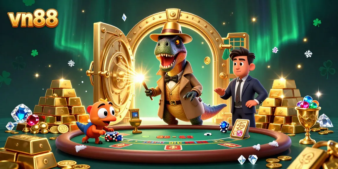 Engaging scene featuring vn88 characters at a blackjack table surrounded by gold and gems.