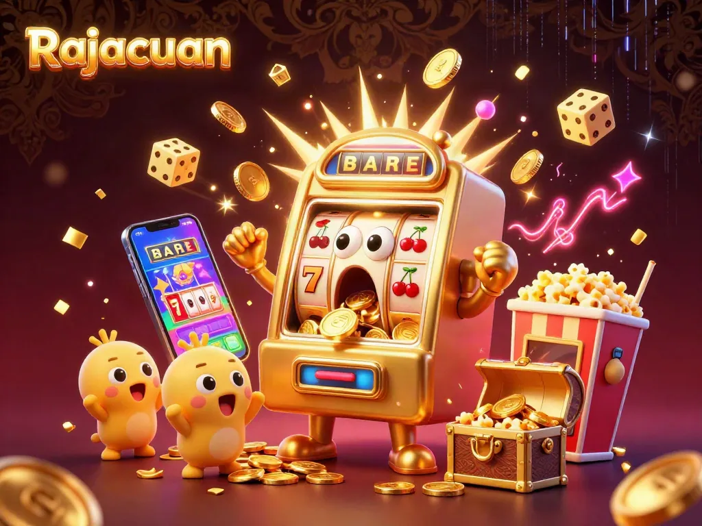 Rajacuan slot machine hits the jackpot, showering coins while baby slots cheer, creating vibrant casino excitement.