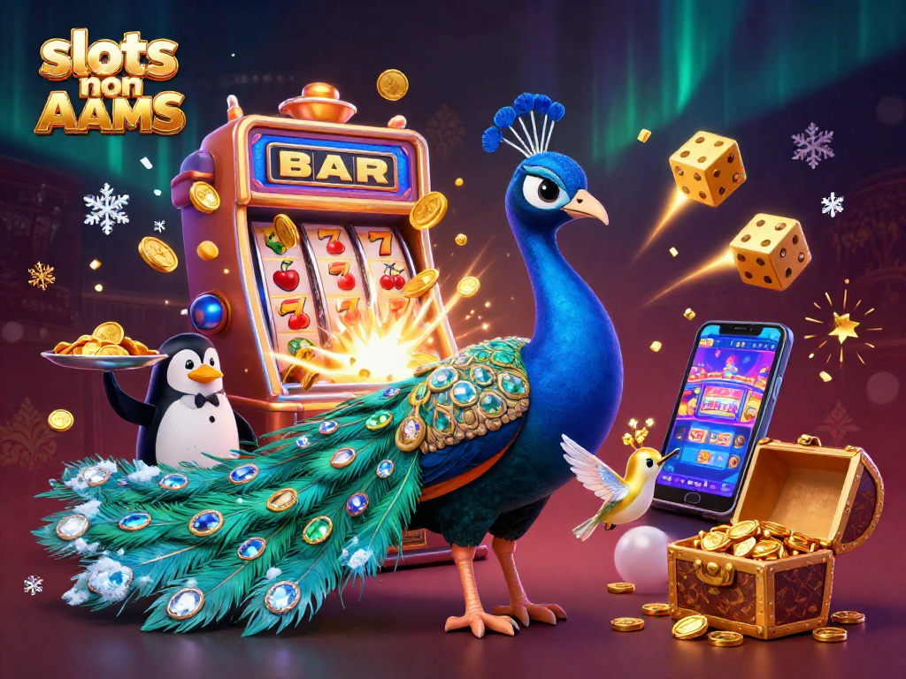 Giochi di slots non AAMS con un pavone aristocratico e un pinguino maggiordomo che servono fiches dorate