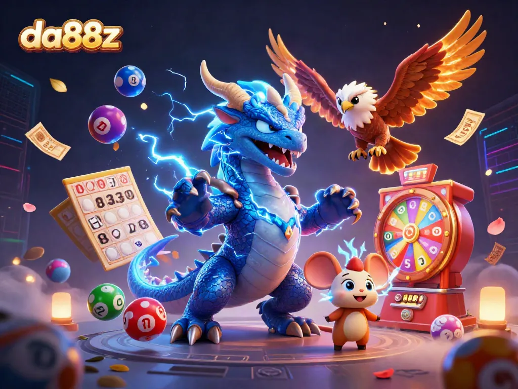 Experience thrilling jackpots at da88z with dynamic lottery and bingo excitement in a vibrant 3D illustration.