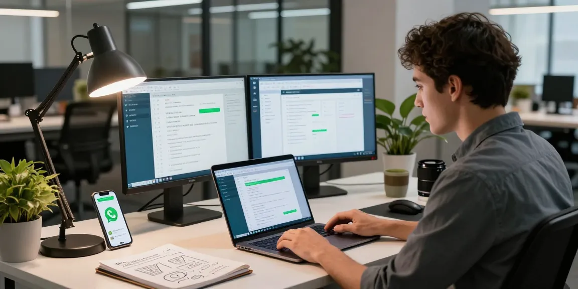Using WhatsApp電腦版 in a modern workspace with dual monitors and smartphone notifications.