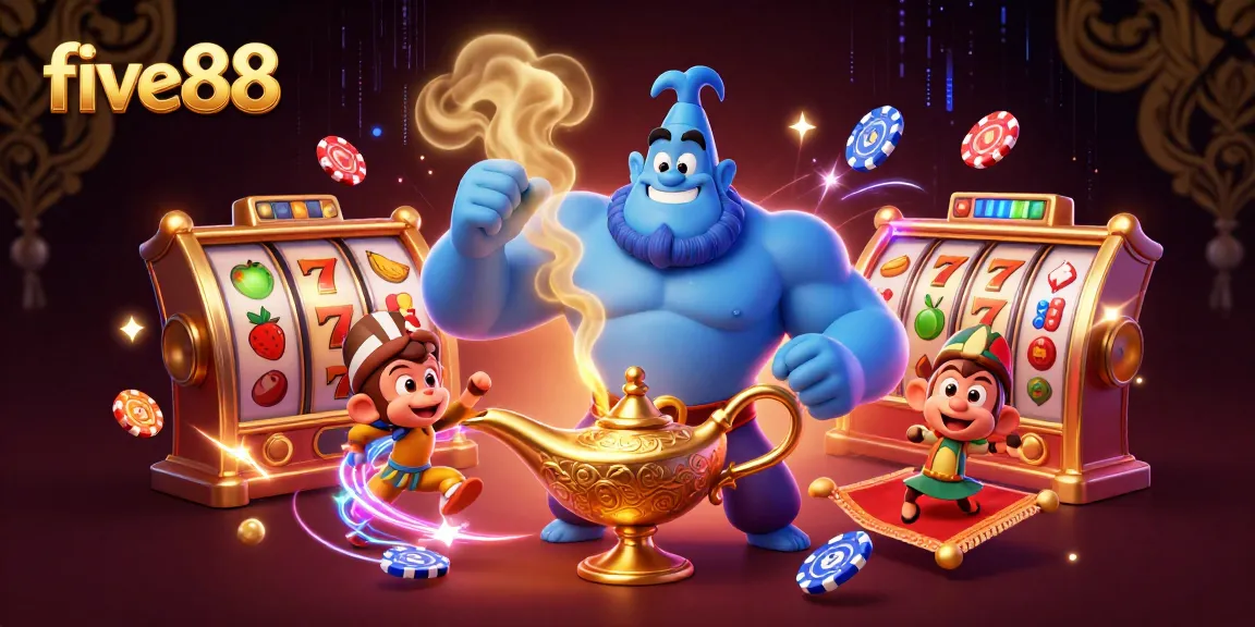 Engage with five88 through an exciting scene highlighting a magical genie and slot themes.