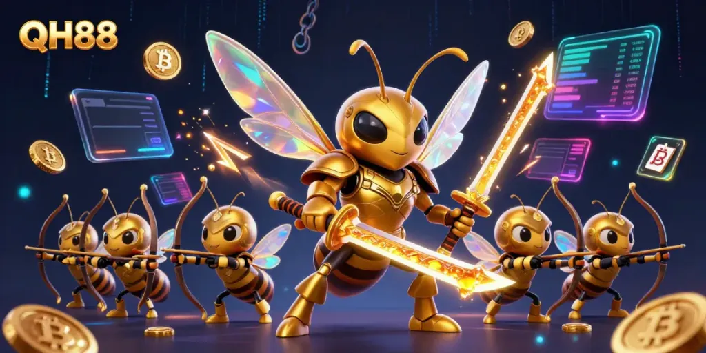 Engage with QH88 in this vibrant 3D visual scene featuring a golden samurai hornet and crypto elements