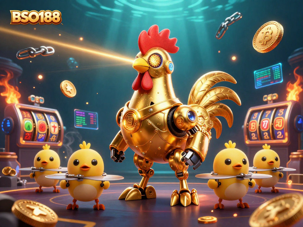 Engage in exciting casino action with BSO188 as a dynamic golden rooster robot leads a crew of baby chick drones, celebrating wins surrounded by glowing crypto coins.