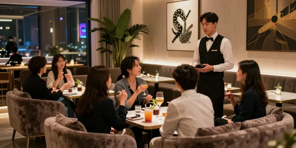 강남타이밍의 고급스러운 유흥 공간에서 손님들을 맞이하는 모습