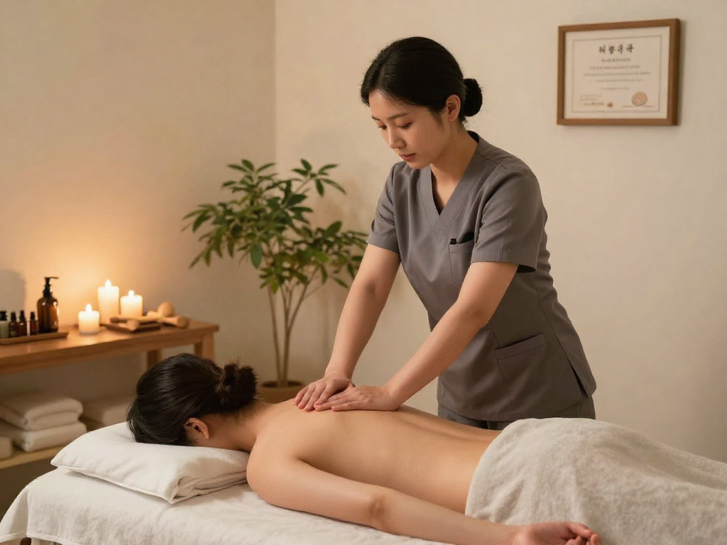 A peaceful session of 강동구출장마사지 showcasing a professional therapist attending a client with soothing candles and essential oils, creating a calming atmosphere.