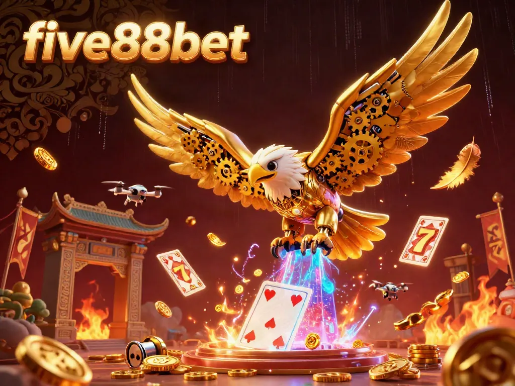 Capture the excitement at five88bet with a golden eagle diving through holographic cards in a vibrant casino scene.